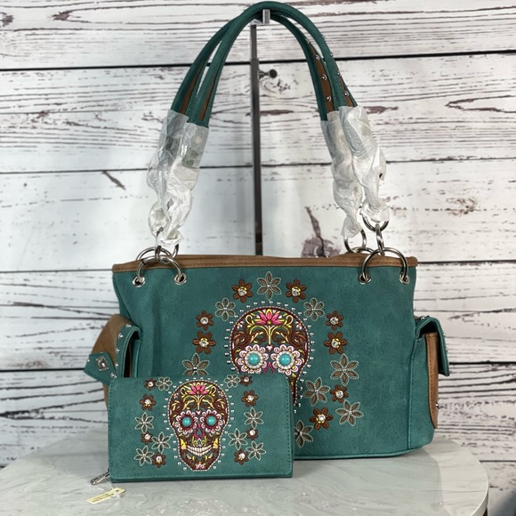 Montana West Handbags - Montana West Sugar Skull Collection Concealed Carry Satchel + Wallet